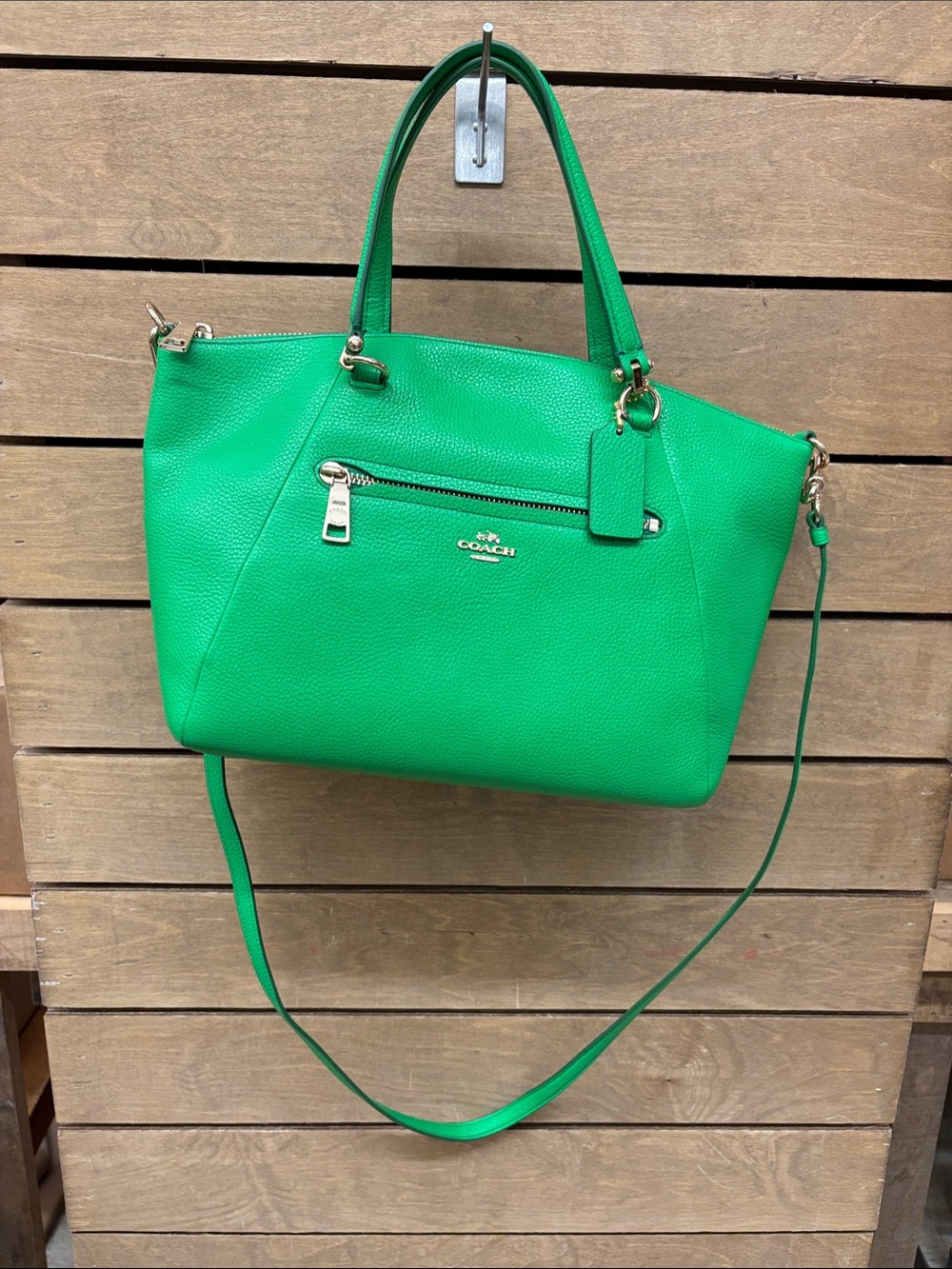 Coach Bright Green Pebbled Leather Tote with Removable Strap